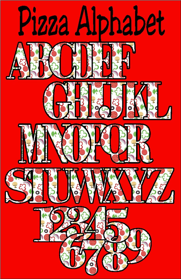 Celebrate your pizza party or cooking party with this fun pizza alphabet.  Alphabet has a pizza background fill with tomatoes, peppers, and pepporoni in it.