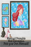 Decorate your nursery, little girl's room, or birthday party with these fun Mermaid printable wall decor. Choose your mermaid's hair color so she matches your own little one's hair for the perfect room decoration with this trio of underwater pictures.