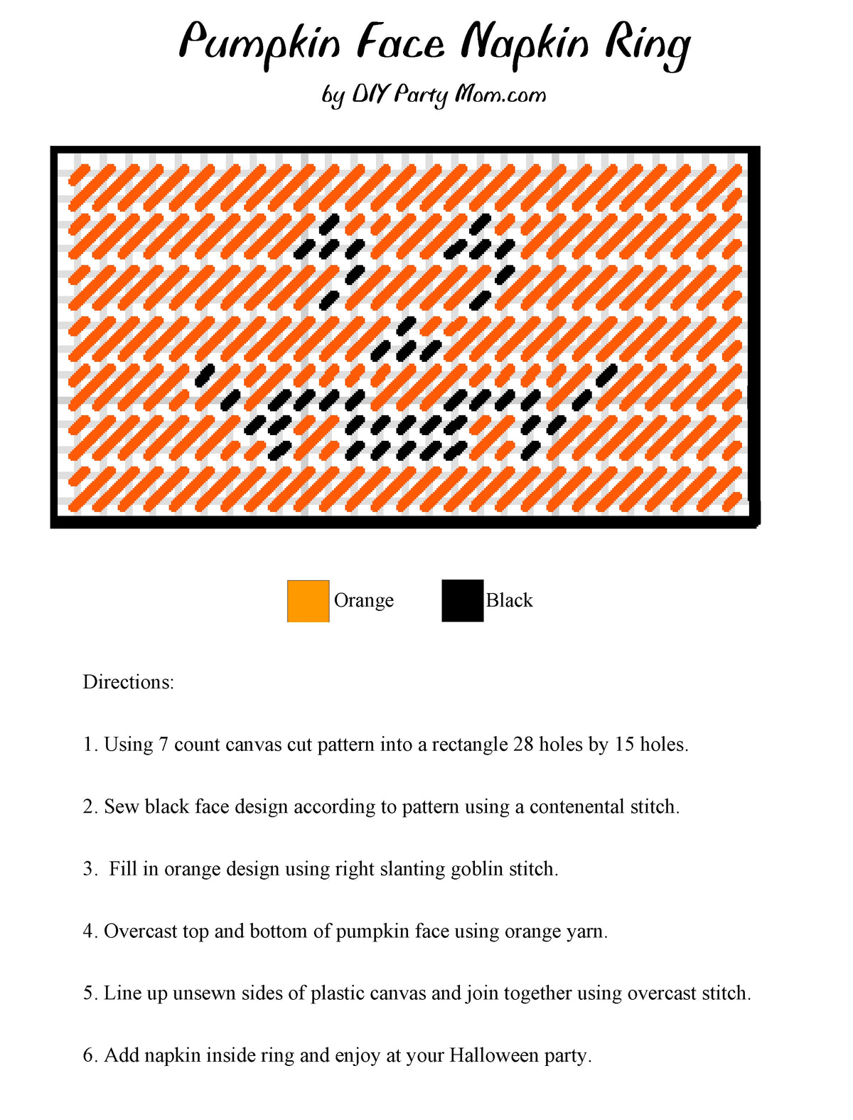 Create a fun Halloween party decoration for your dinner table with this fun pumpkin face napkin ring.  Ring is an easy Halloween craft to make if you know the basics of plastic canvas.