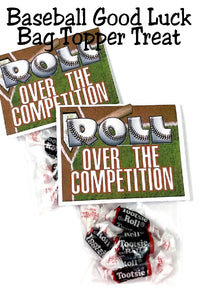 Gift your team with a sweet treat and a little luck before their next baseball game with this fun bag topper printable.  Fill a bag with little Tootsie roll treats and add this fun baseball bag topper for a Booster club treat the entire team will love.