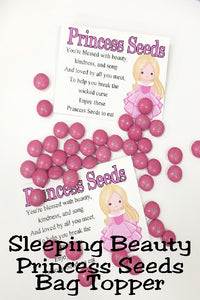 Sweet, beautiful Princess Aurora is the perfect addition to your Disney princess party with these fun Princess Seeds. This printable bag topper can be combined with pink M&Ms or any other of your princess' favorite candy for the perfect princess party favor. #princessparty #disneyprincessparty #princessaurora #bagtopperprintable #partyfavor