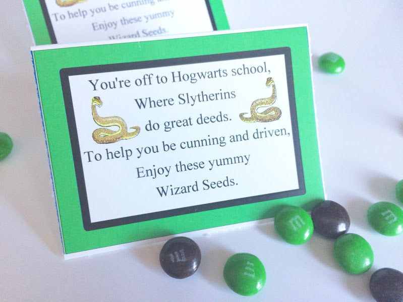 Show your house pride with these Slytherin house Wizard Seeds. These printable bag toppers are perfect for a Harry Potter party and are a unique and fun party favor.