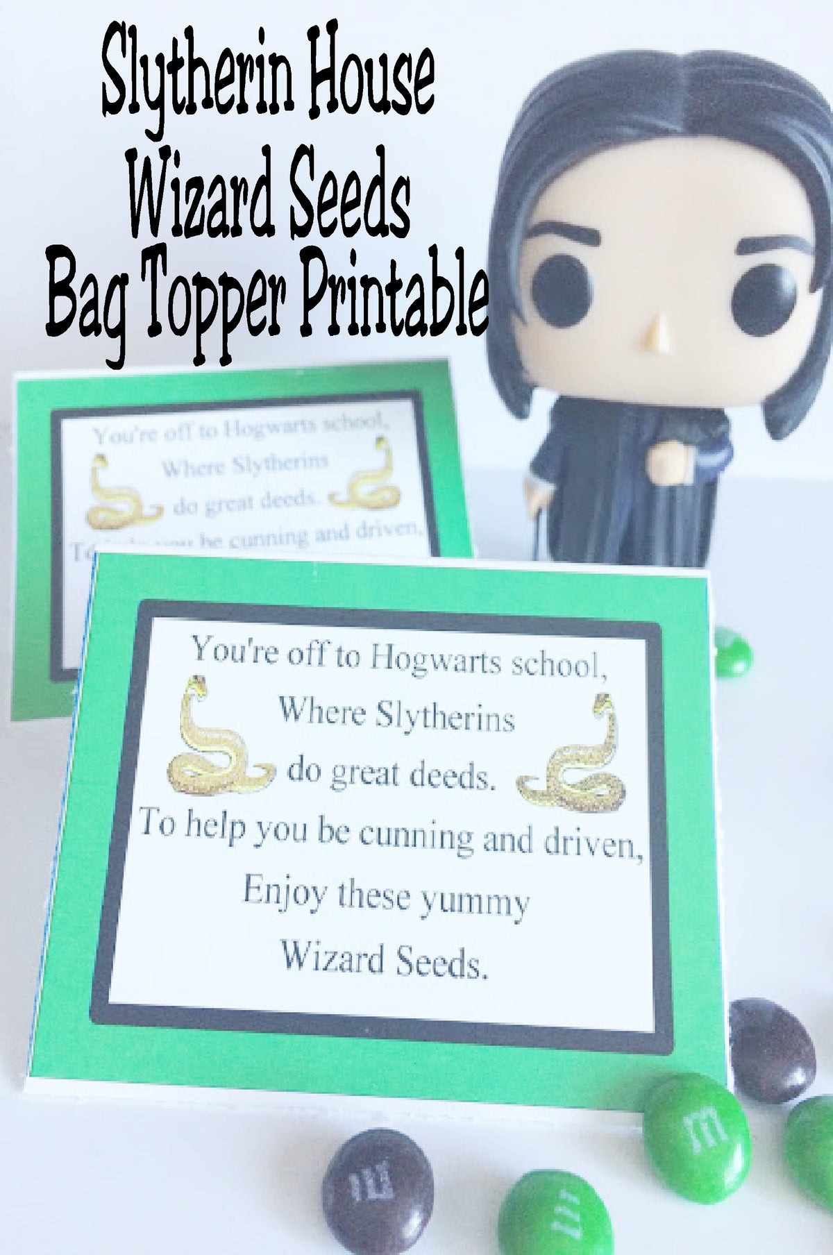 Show your house pride with these Slytherin house Wizard Seeds. These printable bag toppers are perfect for a Harry Potter party and are a unique and fun party favor.