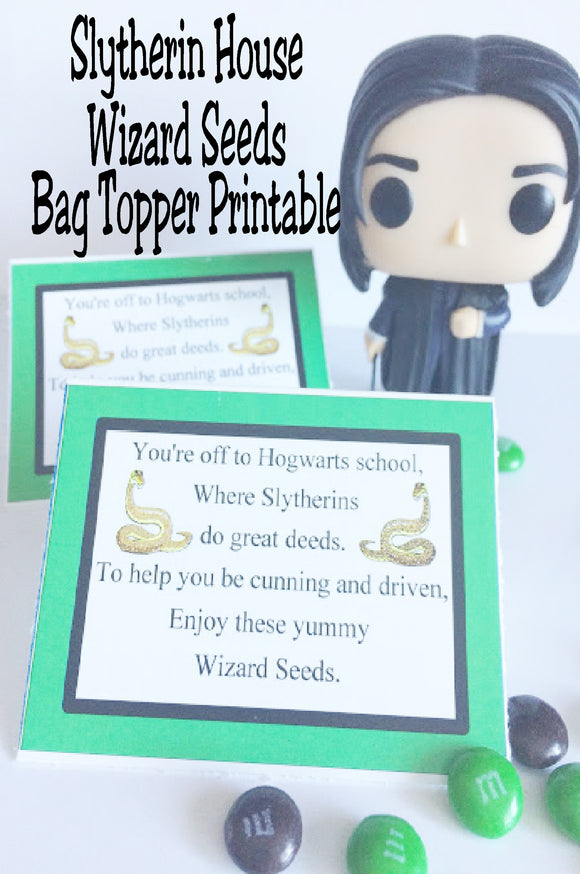Show your house pride with these Slytherin house Wizard Seeds. These printable bag toppers are perfect for a Harry Potter party and are a unique and fun party favor.