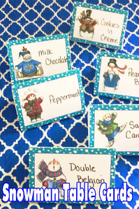 Make your Snowman party extra special with these table cards that are perfect to use to label your food or use as place setting cards for your guests.