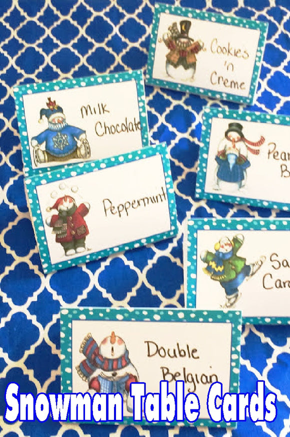 Make your Snowman party extra special with these table cards that are perfect to use to label your food or use as place setting cards for your guests.