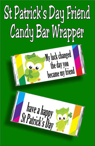 Wish all your friends a special St Patrick's day with this fun ST Patricks day candy bar wrapper.   Wrappers have a green border with cute owl graphics courtesy of Pretty Grafik. Front of candy bar wrapper reads "My luck changed the day you became my friend" while the back continues "have a Happy St Patrick's day". #stpatricksday #candybarwrapper 