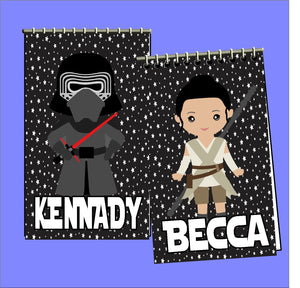 Add some personalized fun to your Star Wars party favor bags with these Star Wars notebooks customized with your guests' names.  Featuring your favorite characters from Star Wars episode 7, Rey, Finn, Kylo, Po, and BB-8 will have your guests thrilled when they go home with these party favors.
