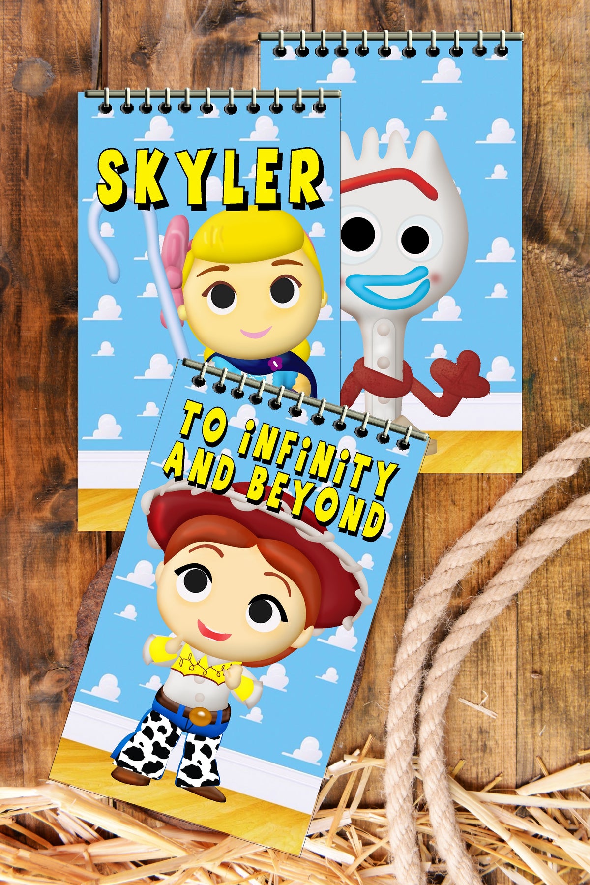 Bring Woody, Buzz and the whole gang to your Toy Story birthday party with these personalized notebooks that make great party favors for all your party guests.  Personalize each notebook with guest's name or with your child's birthday party like "Jane's 3rd Birthday" for a unique party favor your guests will love.  