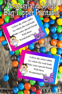 Enjoy a little bit of Wonderland with these bag toppers at your next Alice in Wonderland party. These Wonderland seeds are great party favors or party treats with their fun poem and cute clip art.  #wonderlandparty #aliceinwonderland #wonderlandbirthday #bagtopper 