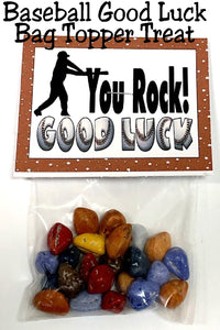 Gift your team with a sweet treat and a little luck before their next baseball game with this fun bag topper printable.  Fill a bag with little chocolate rocks, rock candy, or pop rock treats and add this fun baseball bag topper for a Booster club treat the entire team will love.