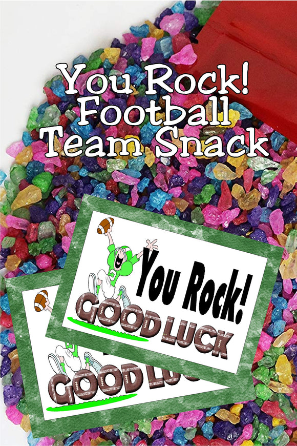 Wish your football team a good luck on their next game with this printable bag topper that's perfect for a football team snack or as game treats from the team mom or booster club. Simply fill a bag with yummy Pop Rocks or Rock candy and add this bag topper for an easy party favor or team snack.