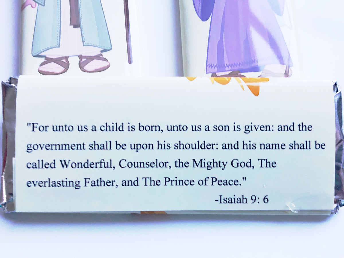 Celebrate Christmas by telling the Christmas story in chocolate or countdown to the big day with this Nativity printable candy bar wrapper set.  Set contains 12 candy bar wrappers. Wrappers have one character from the nativity scene on the front with a scripture reference on the back.