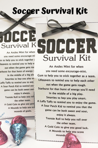Create a fun Soccer party favor or Soccer Team Treat with these Soccer Survival Kits.  Kits are filled with lots of sweet treats to encourage your guests or players to have lots of  great Soccer fun.  