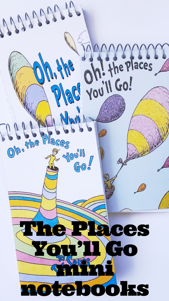 Oh, the Places you’ll go! What a great graduation party, baby shower, or sissy birthday party idea.  and these mini notebooks are the perfect addition to Party favor bags as they can be used for years after the party!