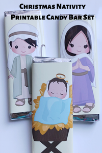 Celebrate Christmas by telling the Christmas story in chocolate or countdown to the big day with this Nativity printable candy bar wrapper set.  Set contains 12 candy bar wrappers. Wrappers have one character from the nativity scene on the front with a scripture reference on the back. #nativity #christmas #candybarwrapper