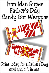 Do you love your dad 3000? Or is your dad an Iron Man or Avenger Superhero? This candy bar card is the perfect Father's day card for him! Print out this candy bar wrapper and use a Hershey candy bar to make the perfect card and gift in one this Father's day.