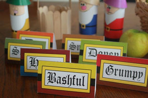 Bring your favorite characters to your Snow White birthday party with these easy to print at home table cards. Use these table cards to place each guest's name at their personal place or as labels for the food on your dessert table.
